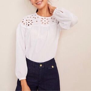Women's White Eyelet Yoke Long Sleeve Top